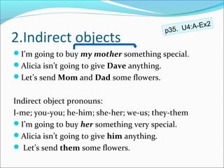 x2
                                             p35. U4:A-E
2.Indirect objects
I’m going to buy my mother something special.
Alicia isn’t going to give Dave anything.
Let’s send Mom and Dad some flowers.


Indirect object pronouns:
I-me; you-you; he-him; she-her; we-us; they-them
I’m going to buy her something very special.
Alicia isn’t going to give him anything.
 Let’s send them some flowers.
 