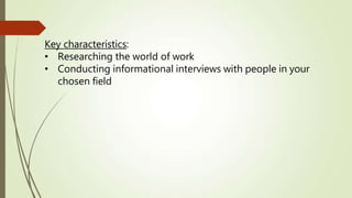 Key characteristics:
• Researching the world of work
• Conducting informational interviews with people in your
chosen field
 