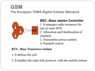 GSM
The European TDMA Digital Cellular Standard
BSC
BSC: Base station Controller
1. It manages radio resources for
one or more BTS.
2. Allocation and Deallocation of
channels.
3. Transmitter power control.
4. Handoff control
BTS : Base Tranceiver station
1. It defines the cell .
2. It handles the radio link protocol with the mobile station
 