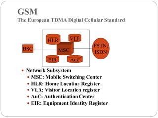 GSM
The European TDMA Digital Cellular Standard
 Network Subsystem
 MSC: Mobile Switching Center
 HLR: Home Location Register
 VLR: Visitor Location register
 AuC: Authentication Center
 EIR: Equipment Identity Register
BSC MSC
VLR
EIR
HLR
AuC
PSTN,
ISDN
 