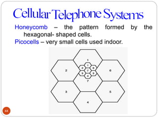 44
Honeycomb – the pattern formed by the
hexagonal- shaped cells.
Picocells – very small cells used indoor.
 