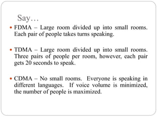 Say…
 FDMA – Large room divided up into small rooms.
Each pair of people takes turns speaking.
 TDMA – Large room divide...
