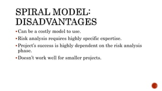 Can be a costly model to use.
Risk analysis requires highly specific expertise.
Project’s success is highly dependent on the risk analysis
phase.
Doesn’t work well for smaller projects.
 