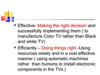  Effective- Making the right decision and
successfully implementing them ( to
manufacture Color TV rather than Black
and white TV)
 Efficiently – Doing things right -Using
resources wisely and in a cost effective
manner ( using automatic machines
rather than humans to install electronic
components in the TVs )
 