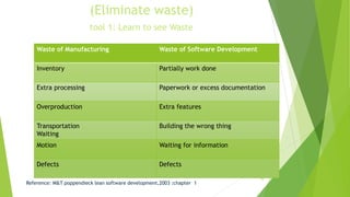 (Eliminate waste)
tool 1: Learn to see Waste
Waste of Manufacturing Waste of Software Development
Inventory Partially work done
Extra processing Paperwork or excess documentation
Overproduction Extra features
Transportation
Waiting
Building the wrong thing
Motion Waiting for information
Defects Defects
Reference: M&T poppendieck lean software development,2003 :chapter 1
10
 