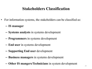 Stakeholders Classification
• For information systems, the stakeholders can be classified as:
– IS manager
– Systems analysts in systems development
– Programmers in systems development
– End user in systems development
– Supporting End user development
– Business managers in systems development
– Other IS mangers/Technicians in system development
24
 