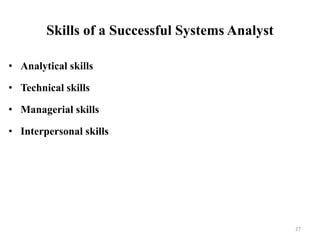 Skills of a Successful Systems Analyst
• Analytical skills
• Technical skills
• Managerial skills
• Interpersonal skills
27
 