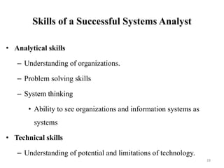 Skills of a Successful Systems Analyst
• Analytical skills
– Understanding of organizations.
– Problem solving skills
– System thinking
• Ability to see organizations and information systems as
systems
• Technical skills
– Understanding of potential and limitations of technology.
28
 