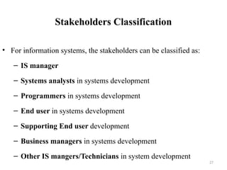 Stakeholders Classification
• For information systems, the stakeholders can be classified as:
– IS manager
– Systems analysts in systems development
– Programmers in systems development
– End user in systems development
– Supporting End user development
– Business managers in systems development
– Other IS mangers/Technicians in system development
27
 
