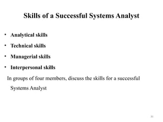 Skills of a Successful Systems Analyst
• Analytical skills
• Technical skills
• Managerial skills
• Interpersonal skills
In groups of four members, discuss the skills for a successful
Systems Analyst
30
 