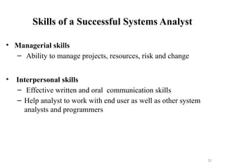 Skills of a Successful Systems Analyst
• Managerial skills
– Ability to manage projects, resources, risk and change
• Interpersonal skills
– Effective written and oral communication skills
– Help analyst to work with end user as well as other system
analysts and programmers
32
 