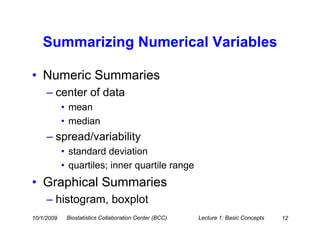 Summarizing Numerical Variables

• Numeric Summaries
     – center of data
            • mean
            • median
     – spread/variability
            • standard deviation
            • quartiles; inner quartile range
• Graphical Summaries
     – histogram, boxplot
10/1/2009    Biostatistics Collaboration Center (BCC)   Lecture 1: Basic Concepts   12
 
