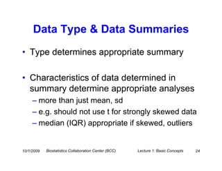 Data Type & Data Summaries
• Type determines appropriate summary

• Characteristics of data determined in
  summary determine appropriate analyses
     – more than just mean, sd
     – e.g. should not use t for strongly skewed data
     – median (IQR) appropriate if skewed, outliers


10/1/2009   Biostatistics Collaboration Center (BCC)   Lecture 1: Basic Concepts   24
 