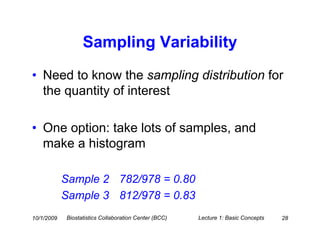 Sampling Variability
• Need to know the sampling distribution for
  the quantity of interest

• One option: take lots of samples, and
  make a histogram

            Sample 2 782/978 = 0.80
            Sample 3 812/978 = 0.83
10/1/2009   Biostatistics Collaboration Center (BCC)   Lecture 1: Basic Concepts   28
 