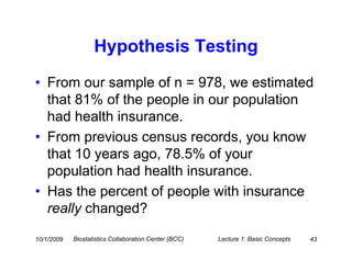 Hypothesis Testing
• From our sample of n = 978, we estimated
  that 81% of the people in our population
  had health insurance.
• From previous census records, you know
  that 10 years ago, 78.5% of your
  population had health insurance.
• Has the percent of people with insurance
  really changed?

10/1/2009   Biostatistics Collaboration Center (BCC)   Lecture 1: Basic Concepts   43
 