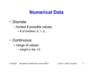 Numerical Data
• Discrete
     – limited # possible values
            • # of children: 0, 1, 2, …


• Continuous
     – range of values
            • weight in lbs: >0



10/1/2009    Biostatistics Collaboration Center (BCC)   Lecture 1: Basic Concepts   6
 