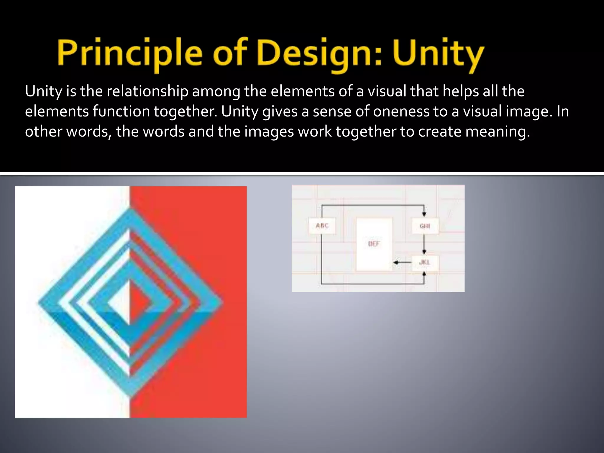 Unity is the relationship among the elements of a visual that helps all the
elements function together. Unity gives a sense of oneness to a visual image. In
other words, the words and the images work together to create meaning.
 