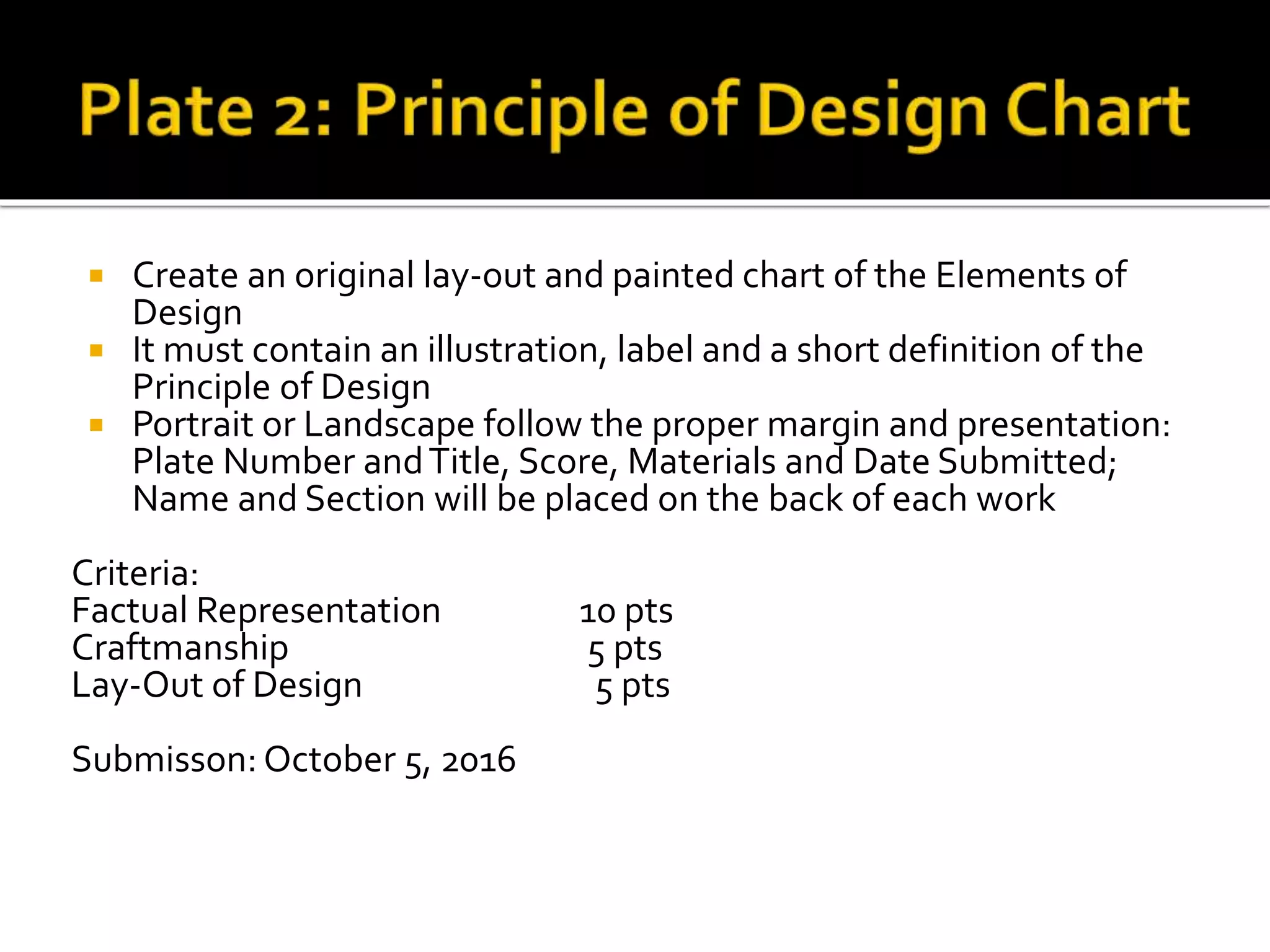  Create an original lay-out and painted chart of the Elements of
Design
 It must contain an illustration, label and a short definition of the
Principle of Design
 Portrait or Landscape follow the proper margin and presentation:
Plate Number andTitle, Score, Materials and Date Submitted;
Name and Section will be placed on the back of each work
Criteria:
Factual Representation 10 pts
Craftmanship 5 pts
Lay-Out of Design 5 pts
Submisson: October 5, 2016
 