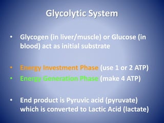 Glycolytic System
• Glycogen (in liver/muscle) or Glucose (in
blood) act as initial substrate
• Energy Investment Phase (use 1 or 2 ATP)
• Energy Generation Phase (make 4 ATP)
• End product is Pyruvic acid (pyruvate)
which is converted to Lactic Acid (lactate)
 
