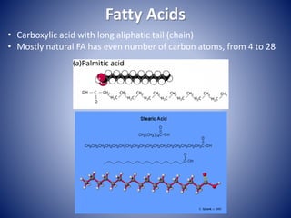 Fatty Acids
• Carboxylic acid with long aliphatic tail (chain)
• Mostly natural FA has even number of carbon atoms, from 4 to 28
 