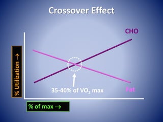 Crossover Effect
% of max 
%Utilization
CHO
Fat35-40% of VO2 max
 