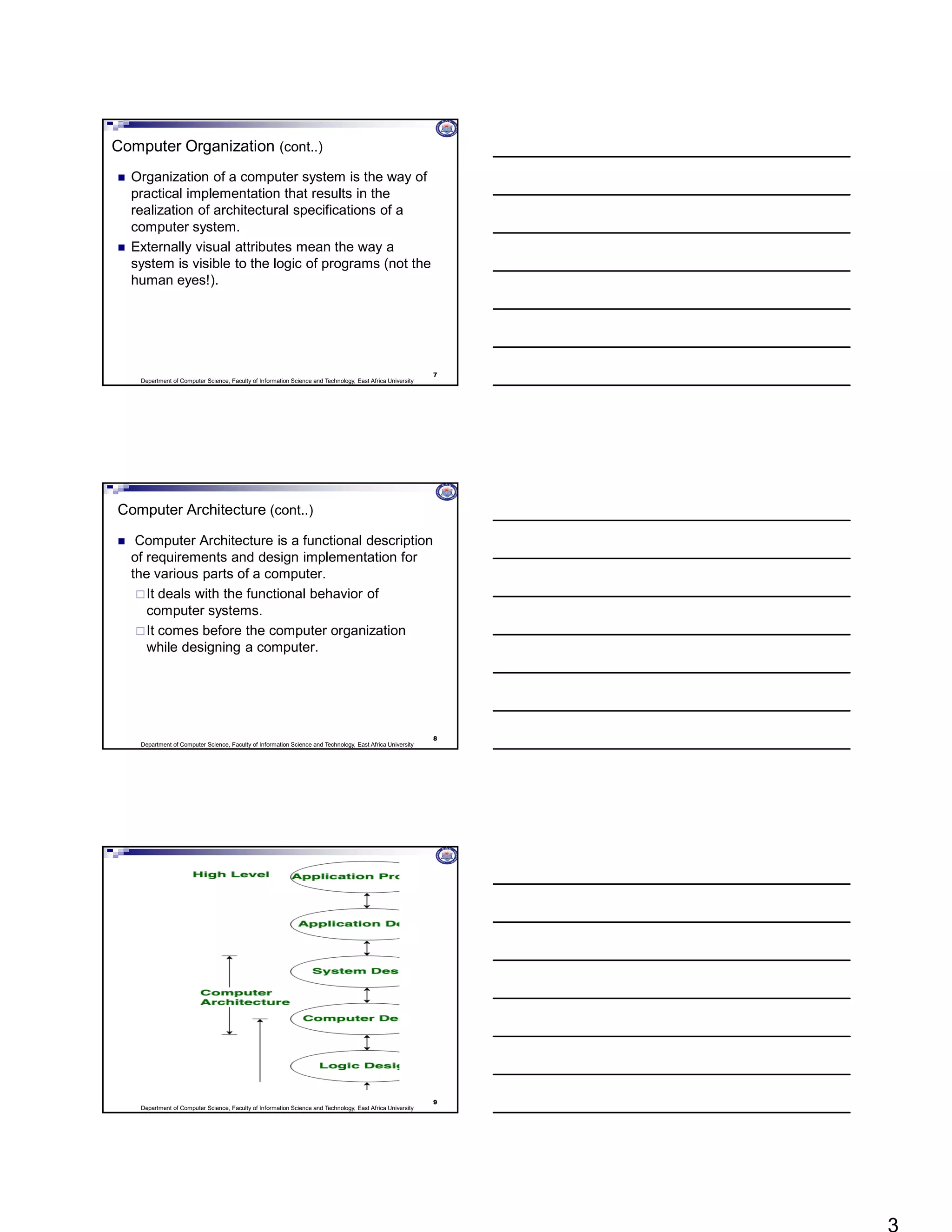 Department of Computer Science, Faculty of Information Science and Technology, East Africa University
Computer Organization (cont..)
 Organization of a computer system is the way of
practical implementation that results in the
realization of architectural specifications of a
computer system.
 Externally visual attributes mean the way a
system is visible to the logic of programs (not the
human eyes!).
7
Department of Computer Science, Faculty of Information Science and Technology, East Africa University
Computer Architecture (cont..)
 Computer Architecture is a functional description
of requirements and design implementation for
the various parts of a computer.
It deals with the functional behavior of
computer systems.
It comes before the computer organization
while designing a computer.
8
Department of Computer Science, Faculty of Information Science and Technology, East Africa University
9
 