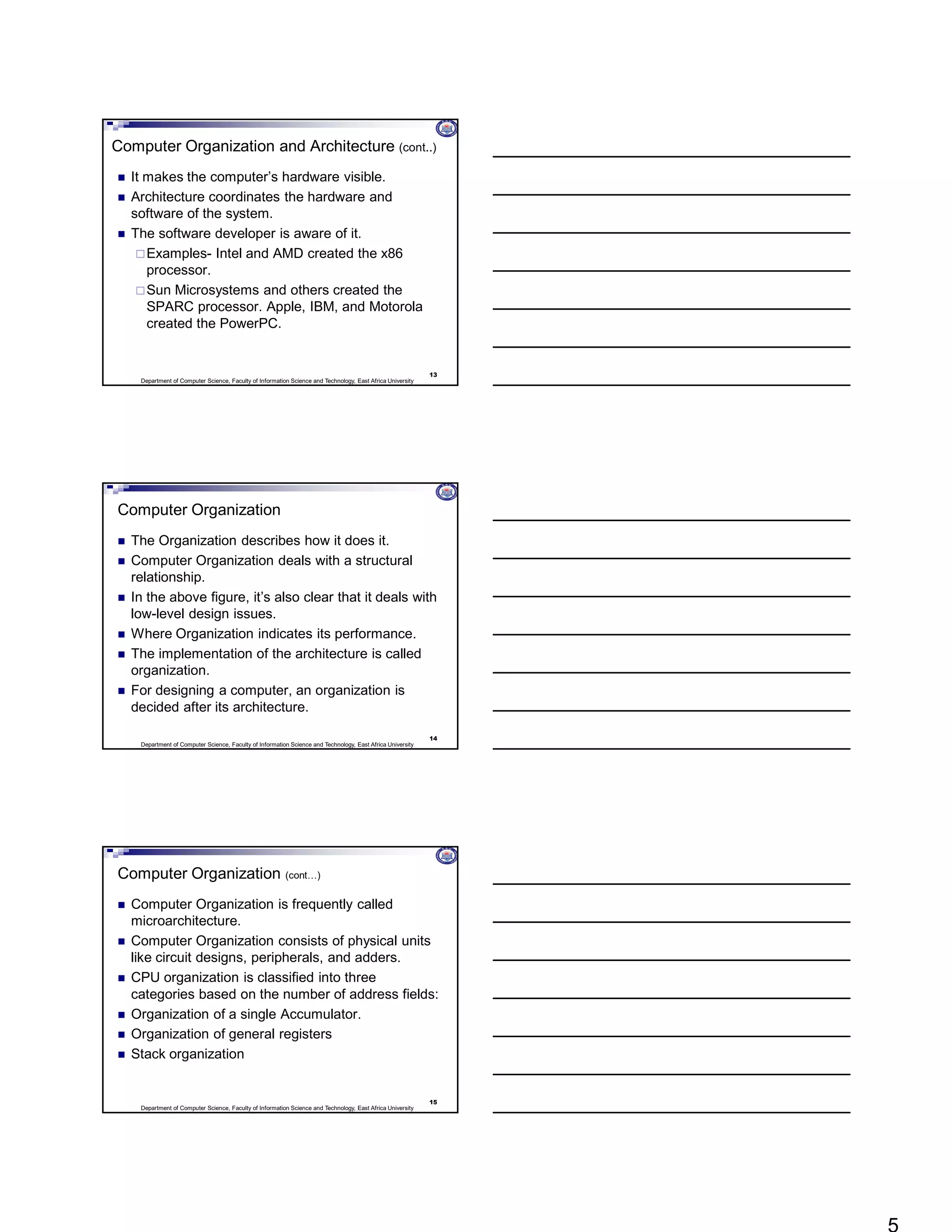 Department of Computer Science, Faculty of Information Science and Technology, East Africa University
Computer Organization and Architecture (cont..)
 It makes the computer’s hardware visible.
 Architecture coordinates the hardware and
software of the system.
 The software developer is aware of it.
Examples- Intel and AMD created the x86
processor.
Sun Microsystems and others created the
SPARC processor. Apple, IBM, and Motorola
created the PowerPC.
13
Department of Computer Science, Faculty of Information Science and Technology, East Africa University
Computer Organization
 The Organization describes how it does it.
 Computer Organization deals with a structural
relationship.
 In the above figure, it’s also clear that it deals with
low-level design issues.
 Where Organization indicates its performance.
 The implementation of the architecture is called
organization.
 For designing a computer, an organization is
decided after its architecture.
14
Department of Computer Science, Faculty of Information Science and Technology, East Africa University
Computer Organization (cont…)
 Computer Organization is frequently called
microarchitecture.
 Computer Organization consists of physical units
like circuit designs, peripherals, and adders.
 CPU organization is classified into three
categories based on the number of address fields:
 Organization of a single Accumulator.
 Organization of general registers
 Stack organization
15
 