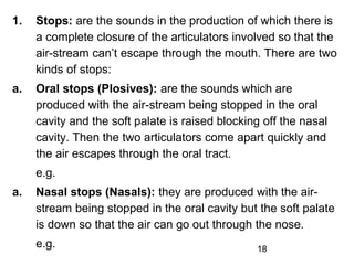 1.   Stops: are the sounds in the production of which there is
     a complete closure of the articulators involved so that the
     air-stream can’t escape through the mouth. There are two
     kinds of stops:
a.   Oral stops (Plosives): are the sounds which are
     produced with the air-stream being stopped in the oral
     cavity and the soft palate is raised blocking off the nasal
     cavity. Then the two articulators come apart quickly and
     the air escapes through the oral tract.
     e.g.
a.   Nasal stops (Nasals): they are produced with the air-
     stream being stopped in the oral cavity but the soft palate
     is down so that the air can go out through the nose.
     e.g.                                        18
 