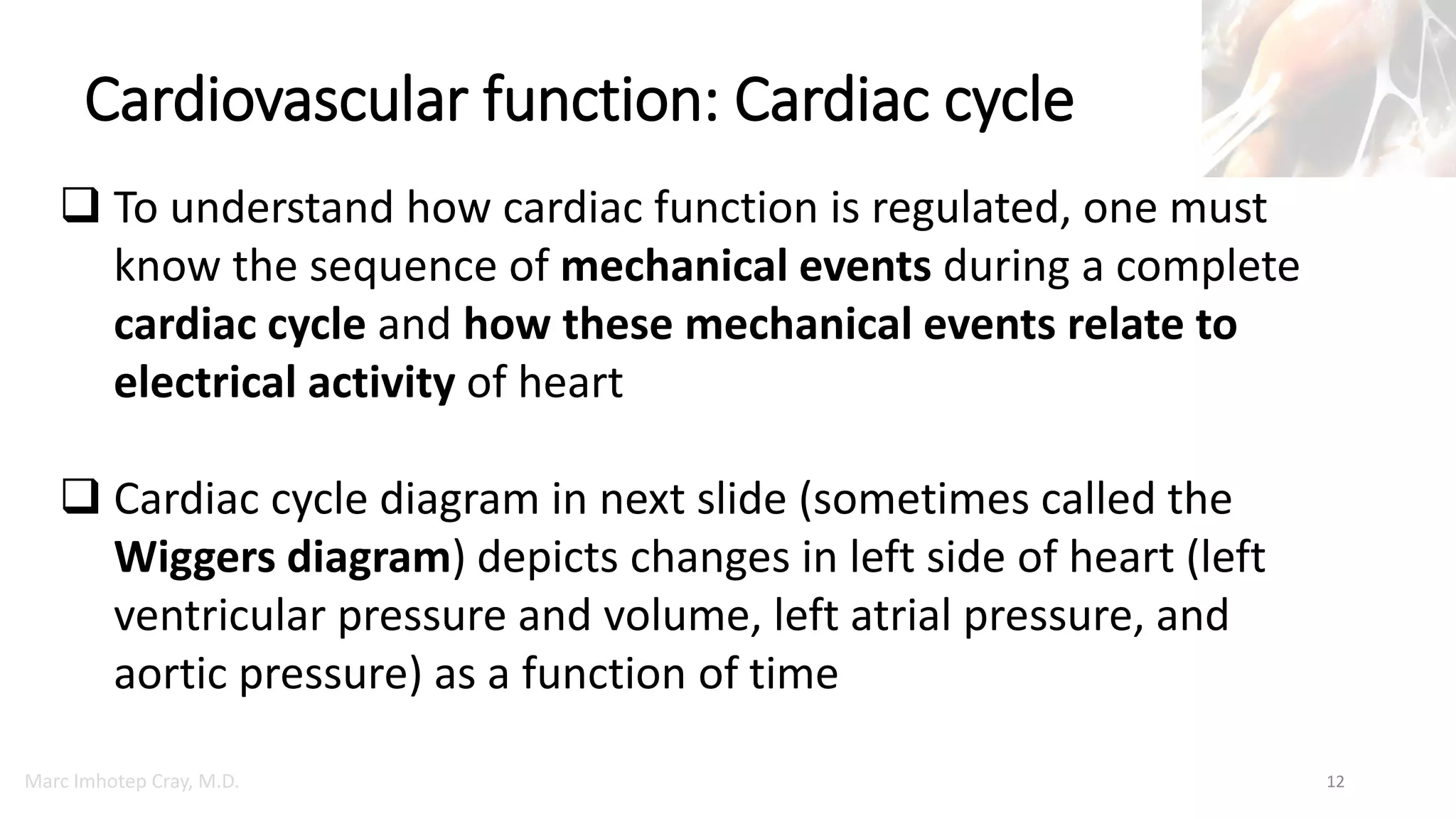 Marc Imhotep Cray, M.D.
Cardiovascular function: Cardiac cycle
12
 To understand how cardiac function is regulated, one must
know the sequence of mechanical events during a complete
cardiac cycle and how these mechanical events relate to
electrical activity of heart
 Cardiac cycle diagram in next slide (sometimes called the
Wiggers diagram) depicts changes in left side of heart (left
ventricular pressure and volume, left atrial pressure, and
aortic pressure) as a function of time
 