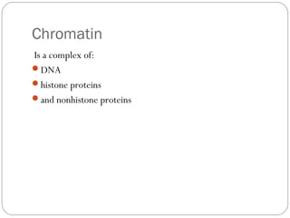 Chromatin
Is a complex of:
DNA
histone proteins
and nonhistone proteins

 