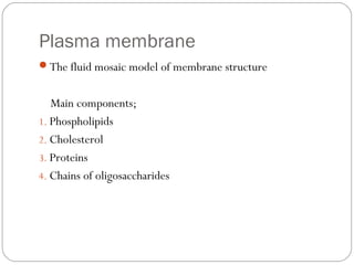 Plasma membrane
The fluid mosaic model of membrane structure

Main components;
1. Phospholipids
2. Cholesterol
3. Proteins
4. Chains of oligosaccharides

 