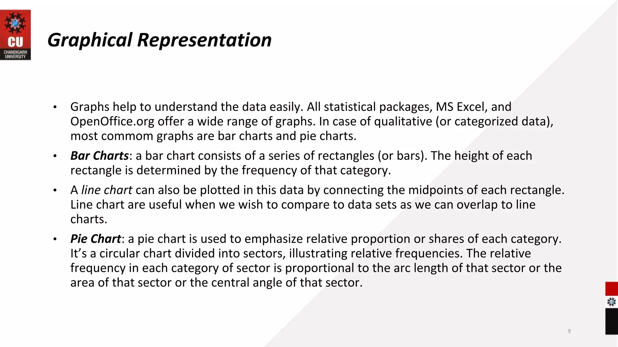Graphical Representation
• Graphs help to understand the data easily. All statistical packages, MS Excel, and
OpenOffice.org offer a wide range of graphs. In case of qualitative (or categorized data),
most commom graphs are bar charts and pie charts.
• Bar Charts: a bar chart consists of a series of rectangles (or bars). The height of each
rectangle is determined by the frequency of that category.
• A line chart can also be plotted in this data by connecting the midpoints of each rectangle.
Line chart are useful when we wish to compare to data sets as we can overlap to line
charts.
• Pie Chart: a pie chart is used to emphasize relative proportion or shares of each category.
It’s a circular chart divided into sectors, illustrating relative frequencies. The relative
frequency in each category of sector is proportional to the arc length of that sector or the
area of that sector or the central angle of that sector.
9
 