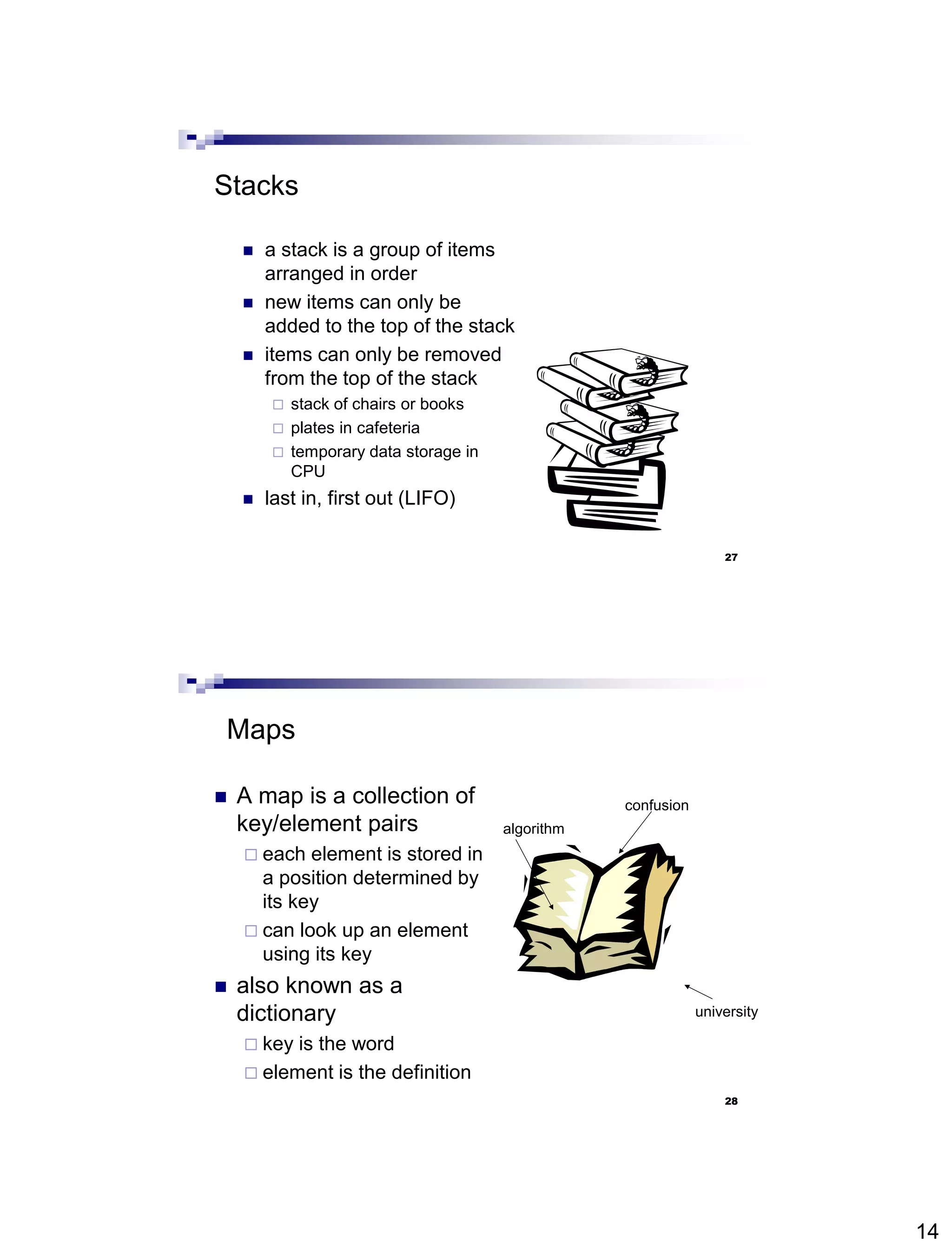 14
27
Stacks
 a stack is a group of items
arranged in order
 new items can only be
added to the top of the stack
 items can only be removed
from the top of the stack
 stack of chairs or books
 plates in cafeteria
 temporary data storage in
CPU
 last in, first out (LIFO)
28
Maps
 A map is a collection of
key/element pairs
 each element is stored in
a position determined by
its key
 can look up an element
using its key
 also known as a
dictionary
 key is the word
 element is the definition
algorithm
confusion
university
 