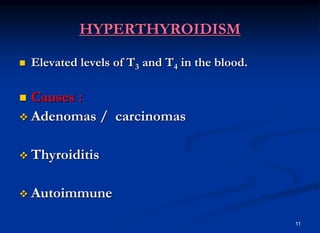 11
HYPERTHYROIDISM
 Elevated levels of T3 and T4 in the blood.
 Causes :
 Adenomas / carcinomas
 Thyroiditis
 Autoimmune
 