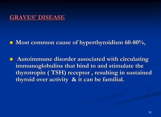 12
GRAVES' DISEASE
 Most common cause of hyperthyroidism 60-80%.
 Autoimmune disorder associated with circulating
immunoglobulins that bind to and stimulate the
thyrotropin ( TSH) receptor , resulting in sustained
thyroid over activity & it can be familial.
 