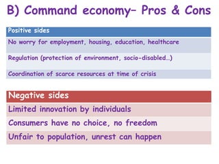 B) Command economy– Pros & Cons
Positive sides
No worry for employment, housing, education, healthcare
Regulation (protection of environment, socio-disabled…)
Coordination of scarce resources at time of crisis
Negative sides
Limited innovation by individuals
Consumers have no choice, no freedom
Unfair to population, unrest can happen
 