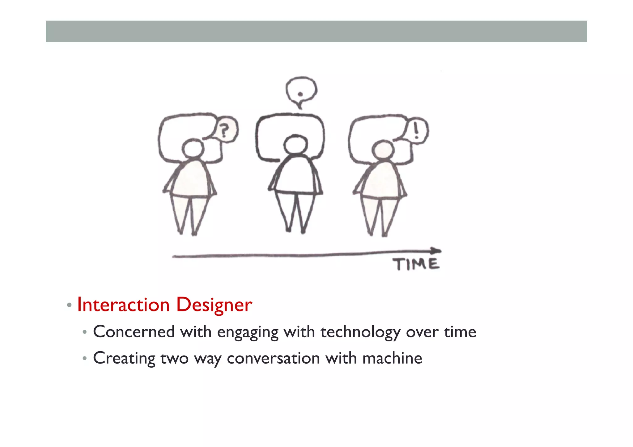 • Interaction Designer
•  Concerned with engaging with technology over time
•  Creating two way conversation with machine
 