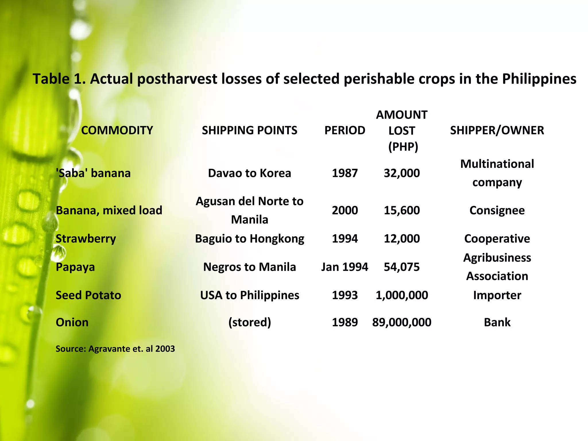COMMODITY SHIPPING POINTS PERIOD
AMOUNT
LOST
(PHP)
SHIPPER/OWNER
'Saba' banana Davao to Korea 1987 32,000
Multinational
company
Banana, mixed load
Agusan del Norte to
Manila
2000 15,600 Consignee
Strawberry Baguio to Hongkong 1994 12,000 Cooperative
Papaya Negros to Manila Jan 1994 54,075
Agribusiness
Association
Seed Potato USA to Philippines 1993 1,000,000 Importer
Onion (stored) 1989 89,000,000 Bank
Source: Agravante et. al 2003
Table 1. Actual postharvest losses of selected perishable crops in the Philippines
 