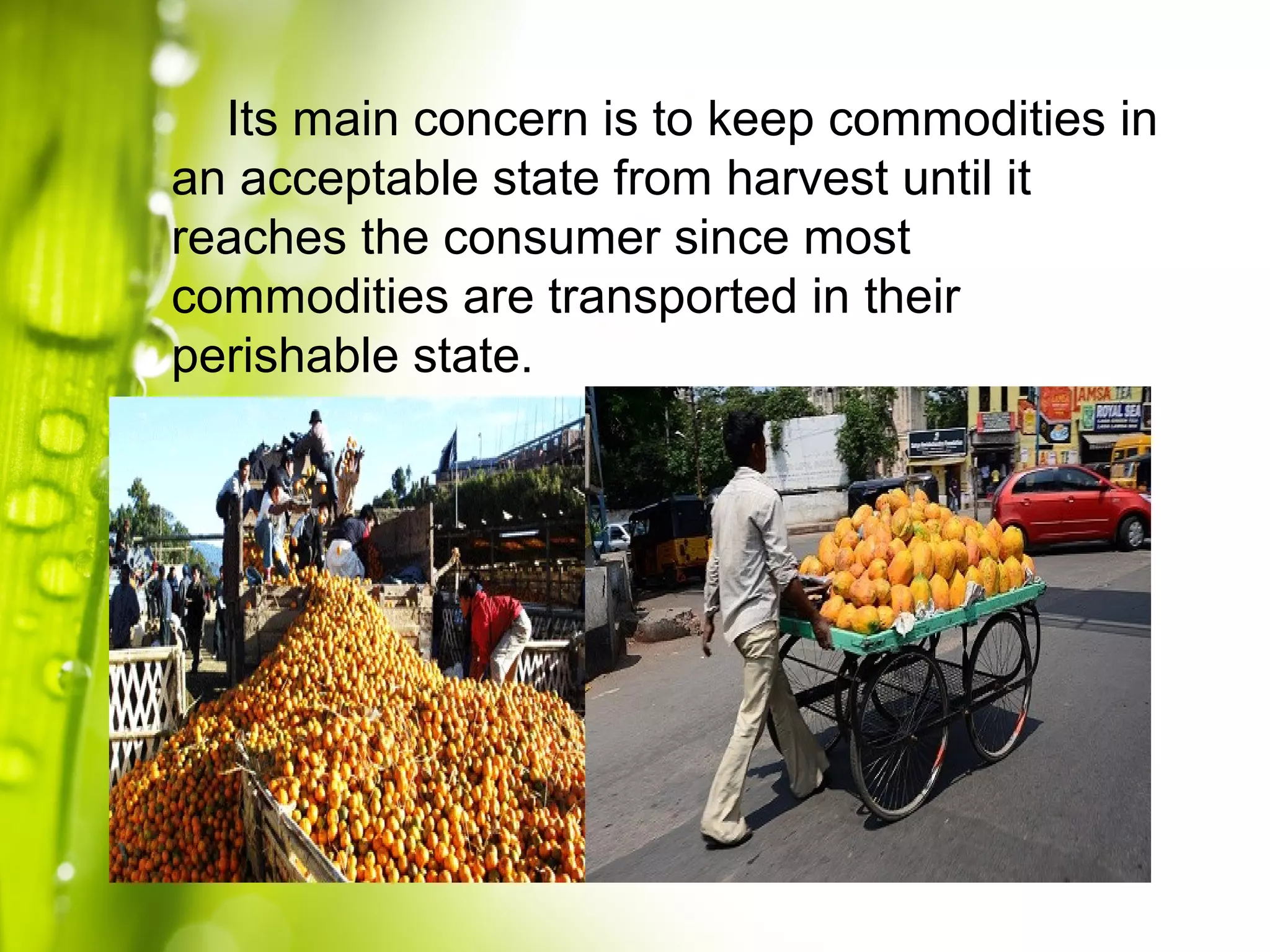 Its main concern is to keep commodities in
an acceptable state from harvest until it
reaches the consumer since most
commodities are transported in their
perishable state.
 