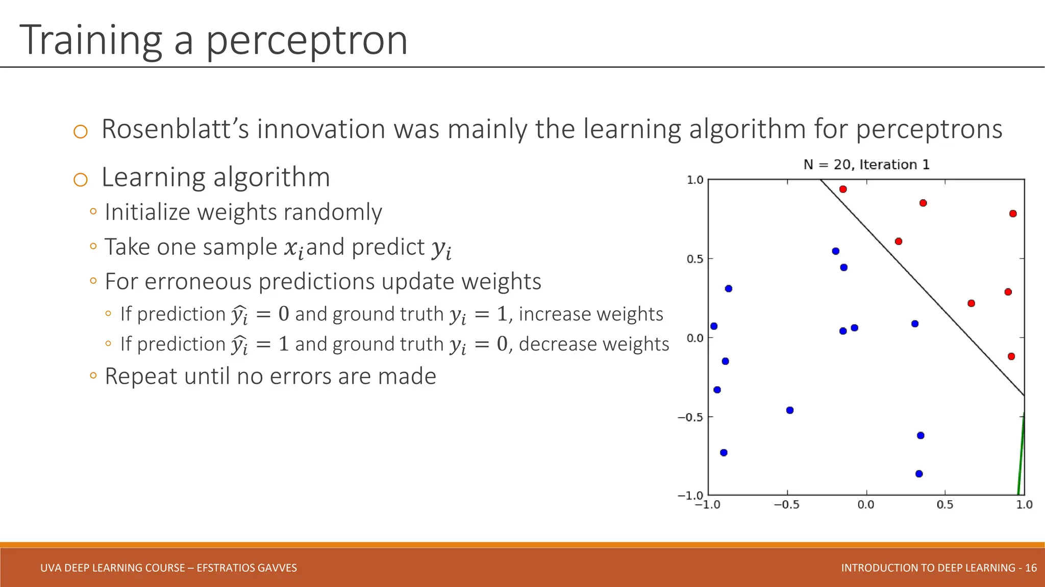 UVA DEEP LEARNING COURSE – EFSTRATIOS GAVVES DEEPER INTO DEEP LEARNING AND OPTIMIZATIONS - 16
UVA DEEP LEARNING COURSE – EFSTRATIOS GAVVES INTRODUCTION TO DEEP LEARNING - 16
o Rosenblatt’s innovation was mainly the learning algorithm for perceptrons
o Learning algorithm
◦ Initialize weights randomly
◦ Take one sample 𝑥𝑖and predict 𝑦𝑖
◦ For erroneous predictions update weights
◦ If prediction ෝ
𝑦𝑖 = 0 and ground truth 𝑦𝑖 = 1, increase weights
◦ If prediction ෝ
𝑦𝑖 = 1 and ground truth 𝑦𝑖 = 0, decrease weights
◦ Repeat until no errors are made
Training a perceptron
 