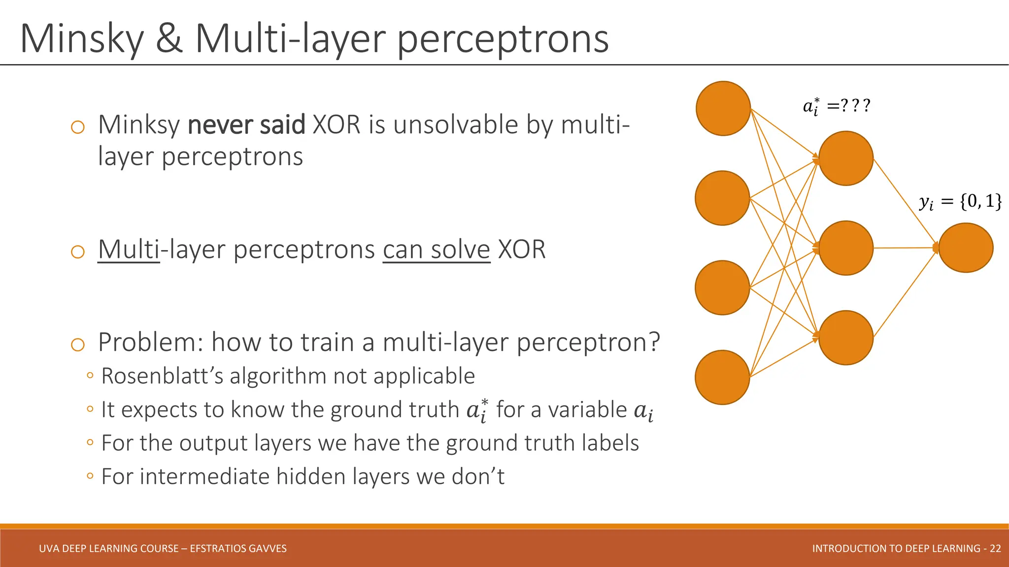 UVA DEEP LEARNING COURSE – EFSTRATIOS GAVVES DEEPER INTO DEEP LEARNING AND OPTIMIZATIONS - 22
UVA DEEP LEARNING COURSE – EFSTRATIOS GAVVES INTRODUCTION TO DEEP LEARNING - 22
o Minksy never said XOR is unsolvable by multi-
layer perceptrons
o Multi-layer perceptrons can solve XOR
o Problem: how to train a multi-layer perceptron?
◦ Rosenblatt’s algorithm not applicable
◦ It expects to know the ground truth 𝑎𝑖
∗
for a variable 𝑎𝑖
◦ For the output layers we have the ground truth labels
◦ For intermediate hidden layers we don’t
Minsky & Multi-layer perceptrons
𝑎𝑖
∗
=? ? ?
𝑦𝑖 = {0, 1}
 