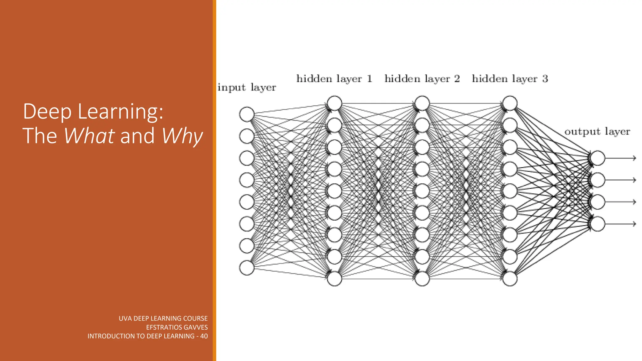 UVA DEEP LEARNING COURSE
EFSTRATIOS GAVVES
INTRODUCTION TO DEEP LEARNING - 40
Deep Learning:
The What and Why
 