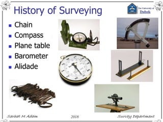 History of Surveying
 Chain
 Compass
 Plane table
 Barometer
 Alidade
 