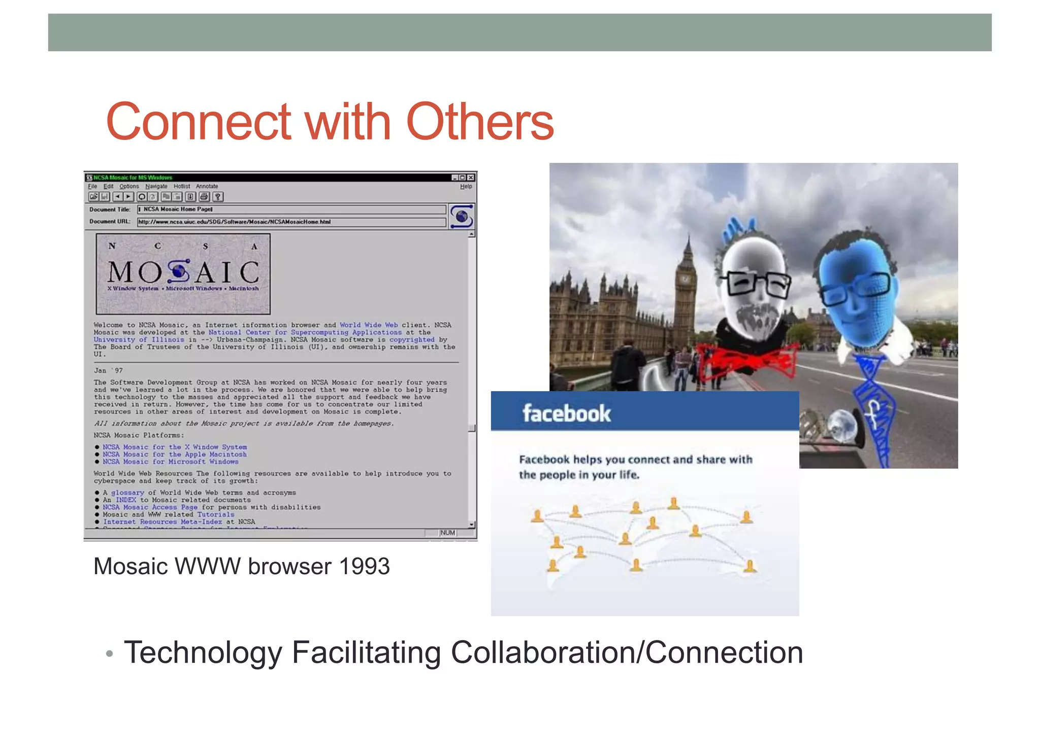 Connect with Others
• Technology Facilitating Collaboration/Connection
Mosaic WWW browser 1993
 