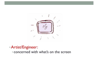 •Artist/Engineer:
• concerned with what’s on the screen
 