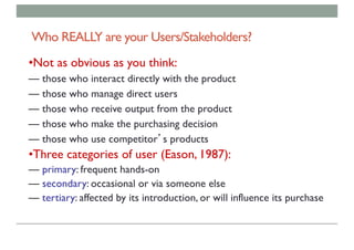 Who REALLY are your Users/Stakeholders?
•Not as obvious as you think:
— those who interact directly with the product
— those who manage direct users
— those who receive output from the product
— those who make the purchasing decision
— those who use competitor’s products
•Three categories of user (Eason, 1987):
— primary: frequent hands-on
— secondary: occasional or via someone else
— tertiary: affected by its introduction, or will influence its purchase
 