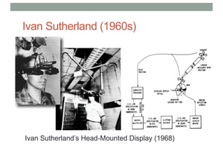 Ivan Sutherland (1960s)
5
3
Ivan Sutherland’s Head-Mounted Display (1968)
 