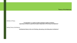 Theory of Architecture
Definition of Theory:
“A supposition or a system of ideas intended to explain something,
especially one based on general principles independent of the thing to be explained.”
Defining Theory of Architecture:
“Architectural theory is the act of thinking, discussing, and writing about architecture.”
 