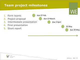 Team project milestones
1. 
2. 
3. 
4. 
5. 

due	
  27	
  Feb.	
  
Form teams
due	
  13	
  March	
  
Project proposal
due	
  3	
  April	
  
Intermediate presentation
Final presentation
Short report

22	
  May	
  

due	
  29	
  May	
  

20/02/14

pag. 119

 