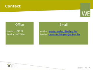 Contact

Oﬃce	
  

	
  
Katrien:	
  10F721	
  
Sandra:	
  10G731e	
  

	
  
	
  

Email	
  

	
  
Katrien:	
  katrien.verbert@vub.ac.be	
  
Sandra:	
  sandra.trullemans@vub.ac.be	
  

	
  
	
  

20/02/14

pag. 129

 